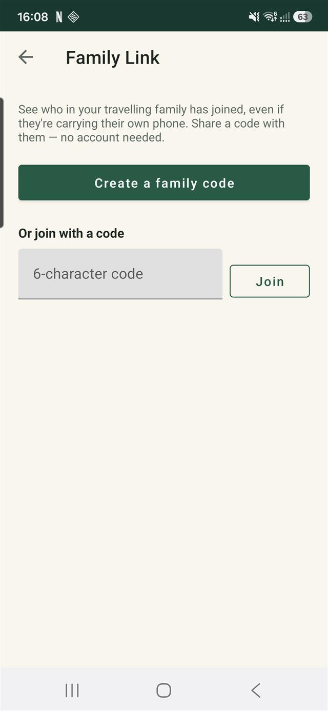 Umrī Family Link screen for creating or joining a family code