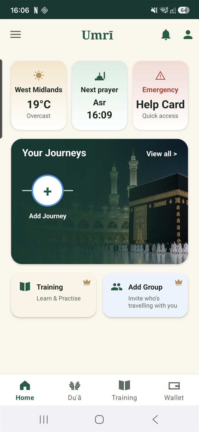 Umrī Home screen — weather, next prayer, Emergency Help Card, and Your Journeys