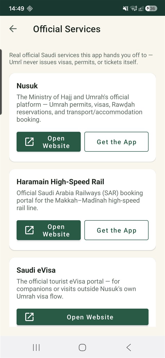 Umrī Official Services screen linking to Nusuk, Haramain Rail, and Saudi eVisa