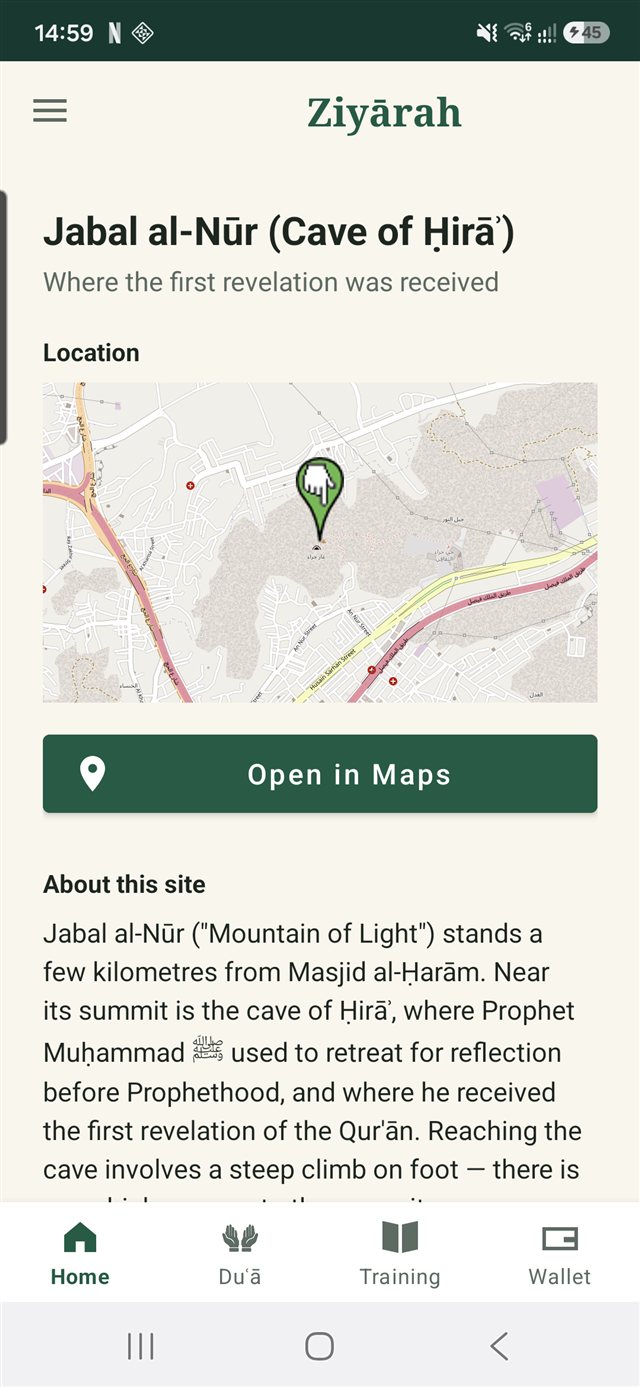 Umrī Ziyārah site detail with an embedded map of Jabal al-Nūr